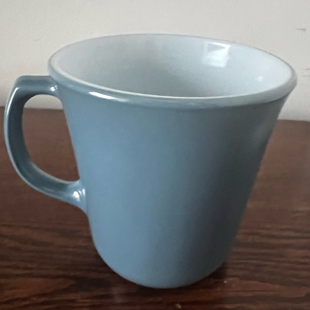 VINTAGE PYREX CORNING FOUR MUGS SLATE BLUE with WHITE INTERIOR and D HANDLE